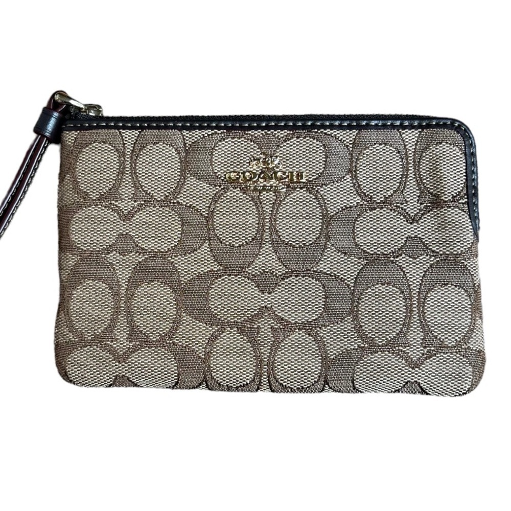 Coach signature monogram corner zip wristlet khaki brown wallet